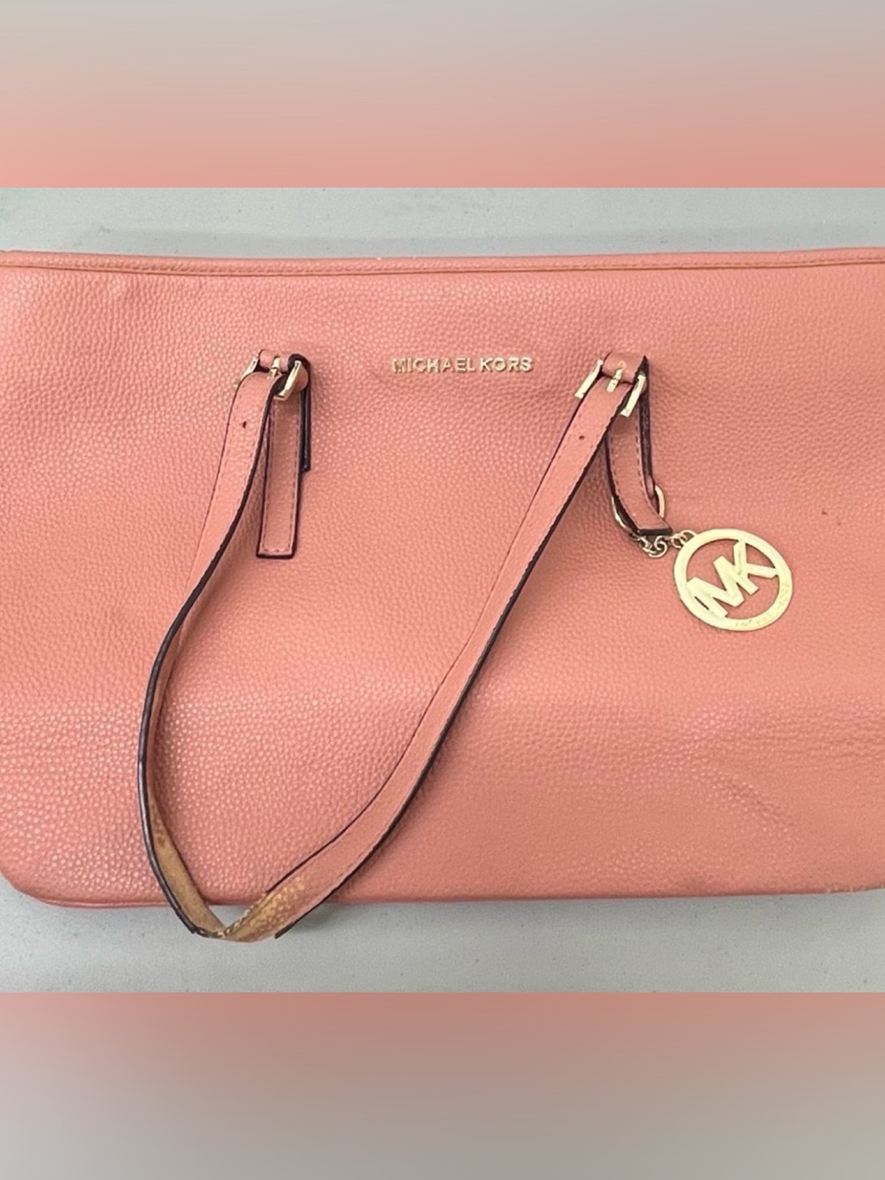 Michael Kors Coral Pink Pebbled Leather Shoulder Tote with Gold Hardware